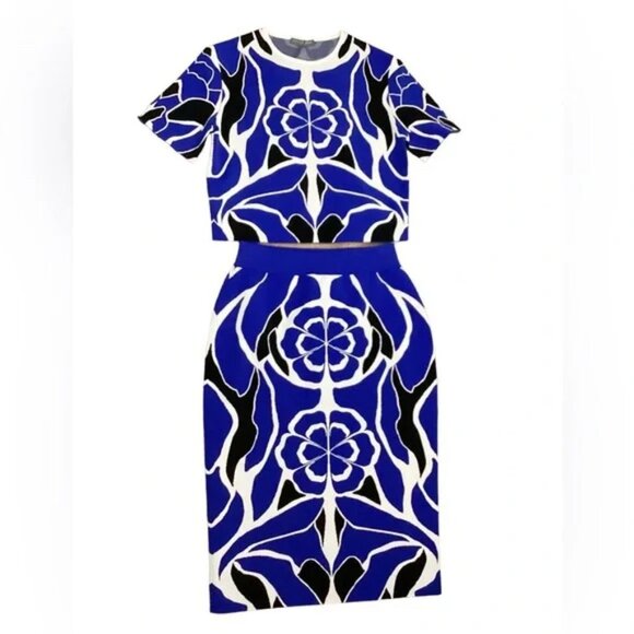 NWT Alexander McQueen Flower Collage Jacquard Skirt Set Blue Black Size M - Picture 2 of 4